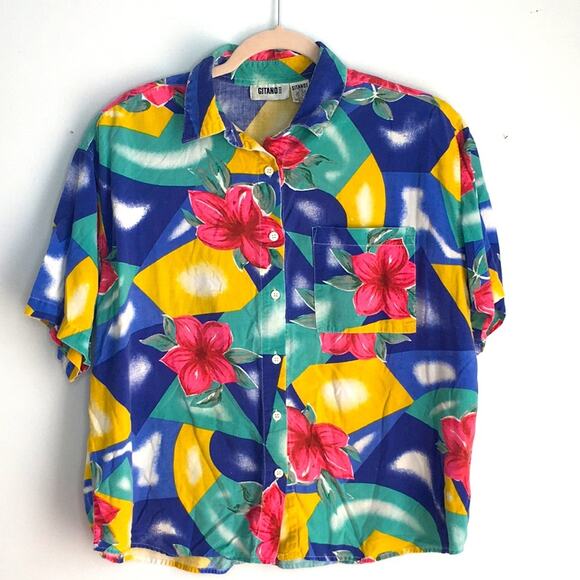 Vintage 80s Gitano hawaiian geometric button top - Picture 1 of 6